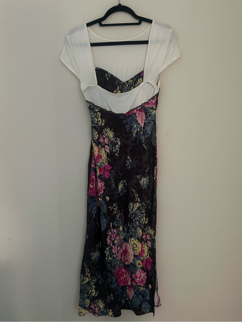 Anthropologie Black Floral Slip Midi Dress with Pink Rose Print - Picture 4 of 6